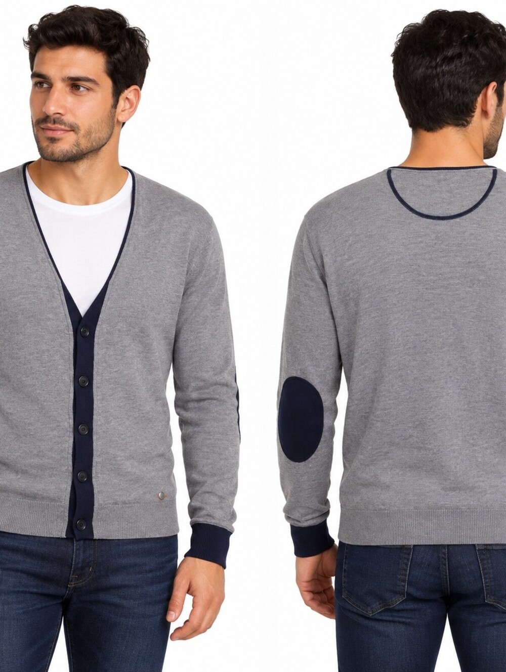Hugo Boss Orange Mens Large Gray Navy Elbow Patch Cotton Silk Blend Cardigan